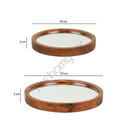 Set of 2 round wooden mirror trays for tabletop display and home decor organization. - 5