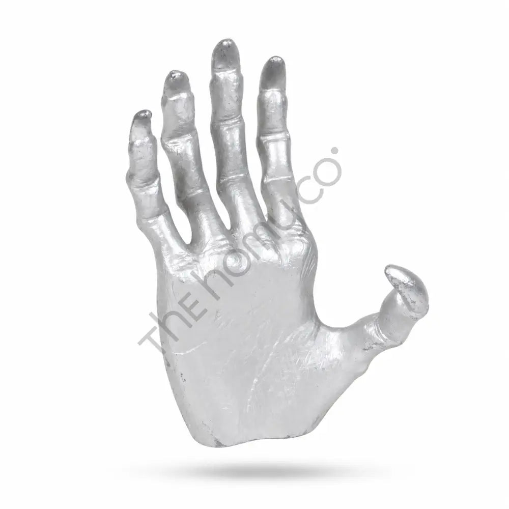 Metallic silver skeleton hand sculpture with detailed bone design for spooky Halloween and gothic home decor. - 2