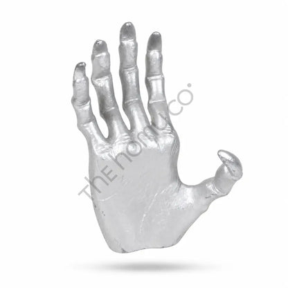 Metallic silver skeleton hand sculpture with detailed bone design for spooky Halloween and gothic home decor. - 2