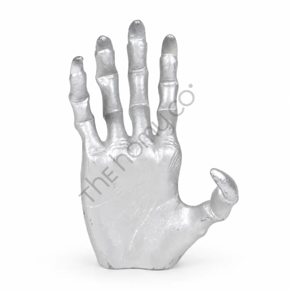 Metallic silver skeleton hand sculpture with detailed bone design for spooky Halloween and gothic home decor.