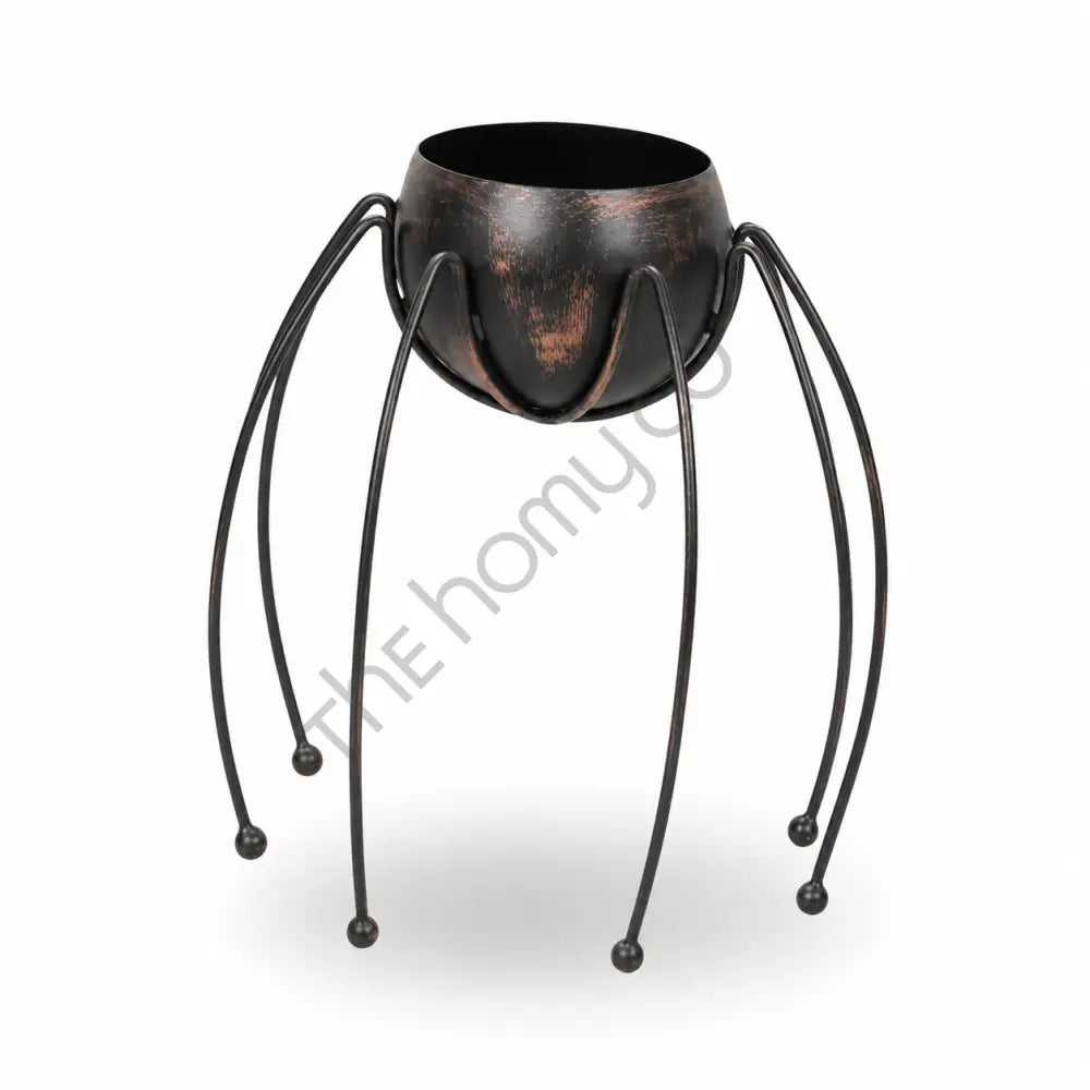 Black spider-shaped metal planter and candy bowl with long legs for Halloween home decor. - 2