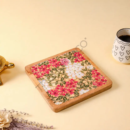 Square wooden serving platter with vibrant floral decaling for appetizers and snacks. - 4