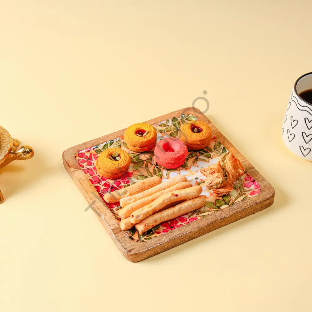Square wooden serving platter with vibrant floral decaling for appetizers and snacks. - 2