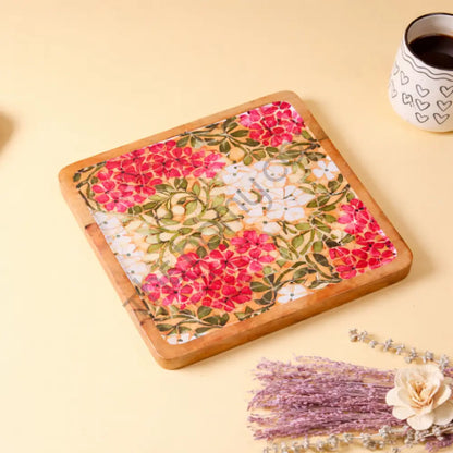 Square wooden serving platter with vibrant floral decaling for appetizers and snacks. - 3