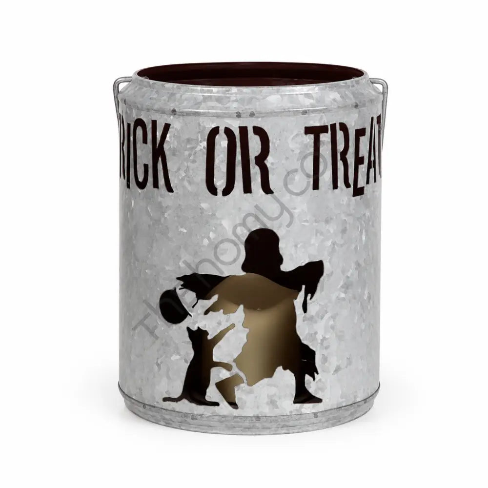 Rustic galvanized metal "Trick or Treat" bucket with ghost cutout for Halloween candy and decor.