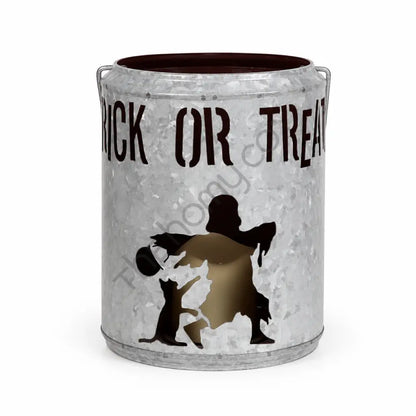 Rustic galvanized metal "Trick or Treat" bucket with ghost cutout for Halloween candy and decor.