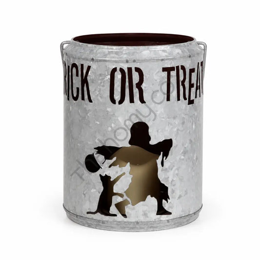 Rustic galvanized metal "Trick or Treat" bucket with ghost cutout for Halloween candy and decor.