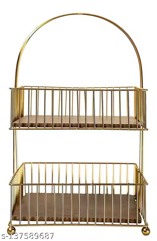 Two-Tier Gold Metal Storage Basket Stand | Countertop Organizer with Wooden Shelves