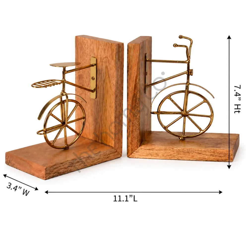 Vintage bicycle-inspired metal and wood bookends set for home office shelf decor. - 3