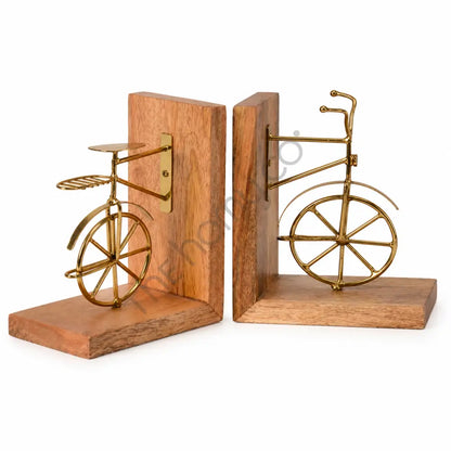 Vintage bicycle-inspired metal and wood bookends set for home office shelf decor.