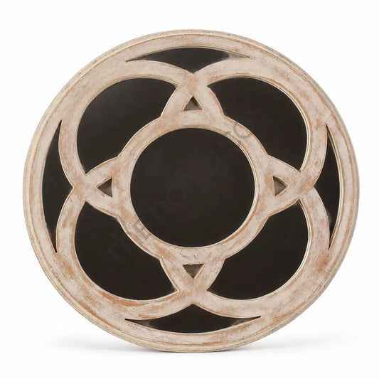 Vintage distressed geometric wooden round wall art panel with a rustic finish for home decor.