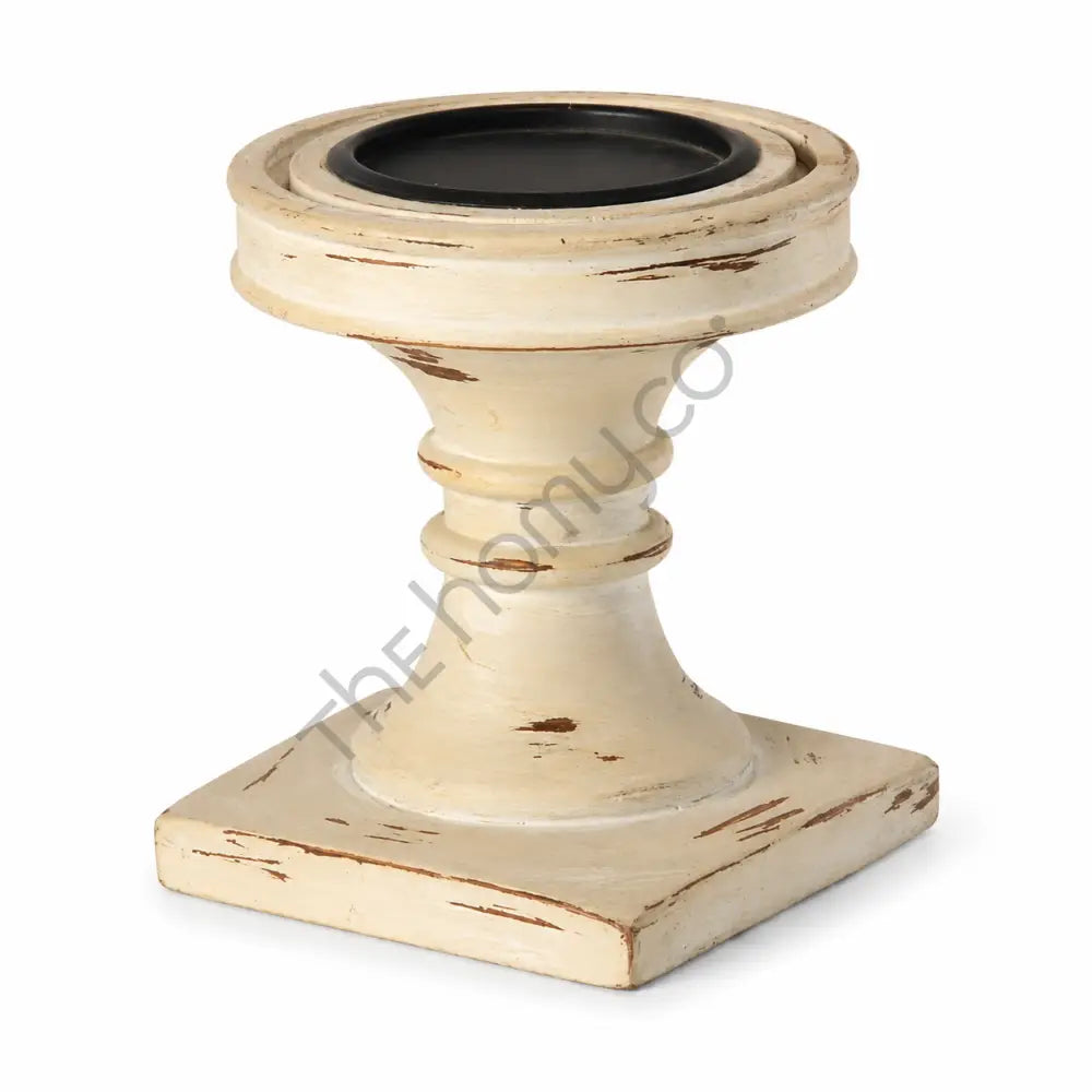 Vintage farmhouse distressed wood pillar candle holder stand for rustic home decor.
