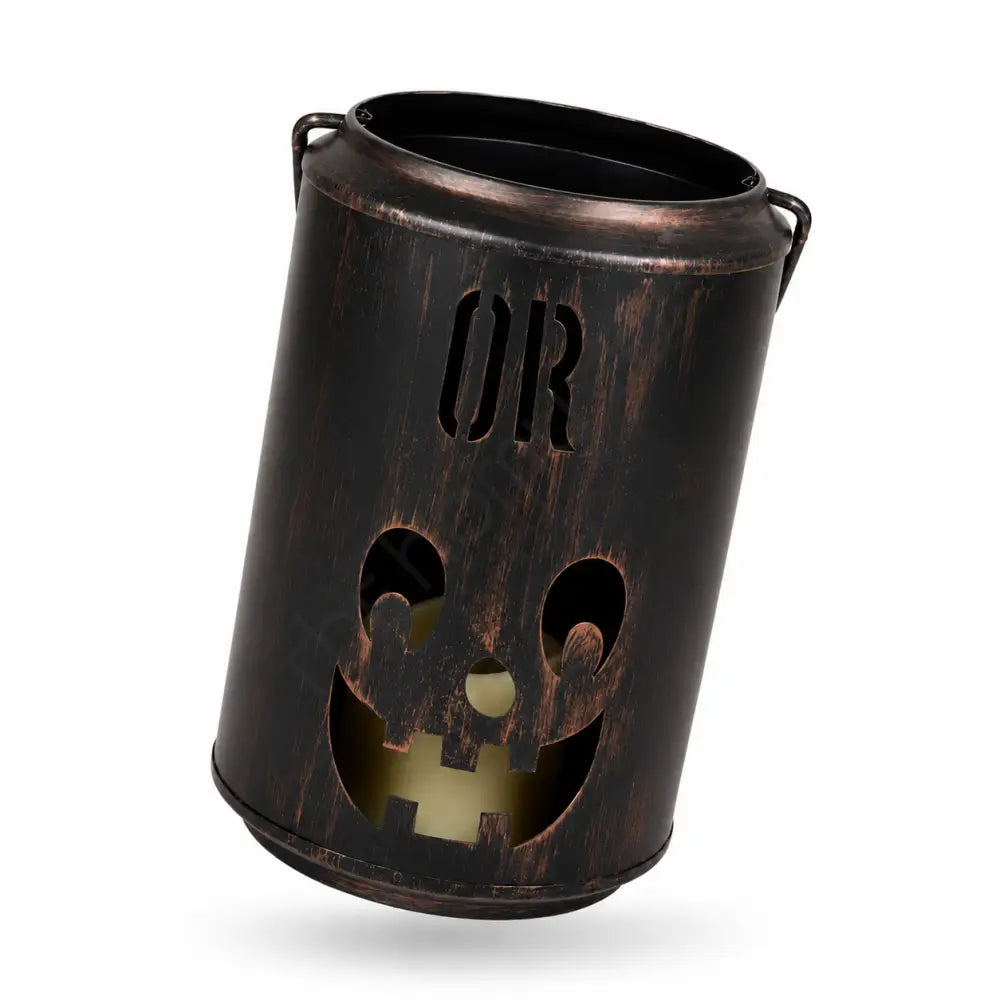Vintage black metal pumpkin candle lantern with a smiling jack-o-lantern face for Halloween decor. - 2