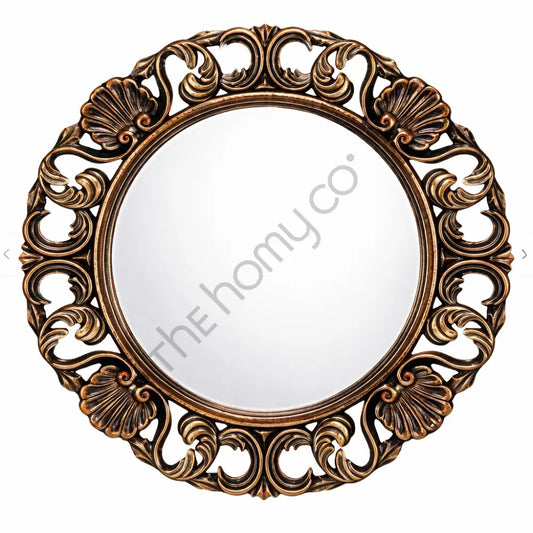 Vintage round antique gold wall mirror with ornate frame and scrollwork detailing for elegant home decor.