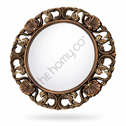 Vintage round antique gold wall mirror with ornate frame and scrollwork detailing for elegant home decor. - 2