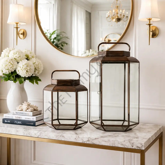 Vintage-style metal and glass lantern set with antique frames for decorative home lighting.