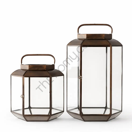 Vintage-style metal and glass lantern set with antique frames for decorative home lighting. - 2