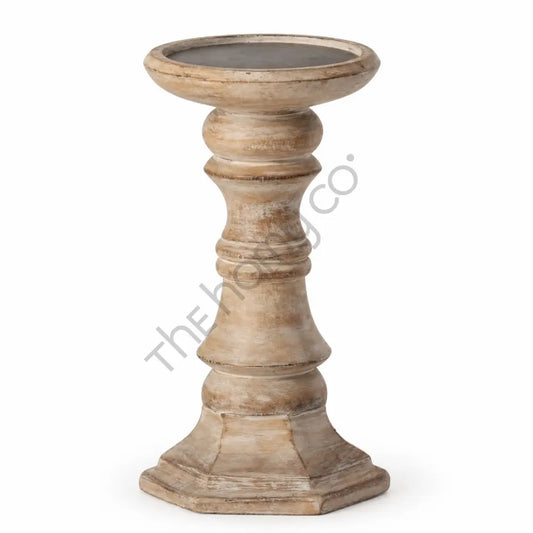Vintage wooden pillar candle holder stand with a rustic distressed finish for farmhouse home decor.