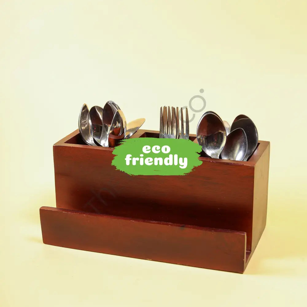 Handcrafted wooden cutlery holder and kitchen utensil organizer with multiple compartments for spoon and fork storage. - 3