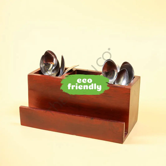 Handcrafted wooden cutlery holder and kitchen utensil organizer with multiple compartments for spoon and fork storage. - 2