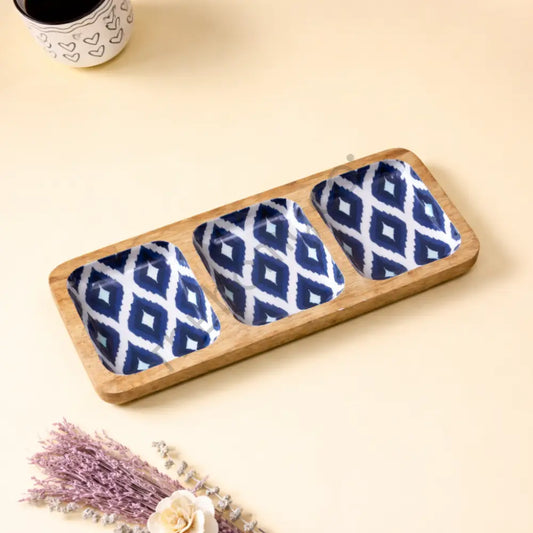 Wooden Serving Tray with 3 decorative decaled bowls for snacks and dips on a natural wood base. - 2