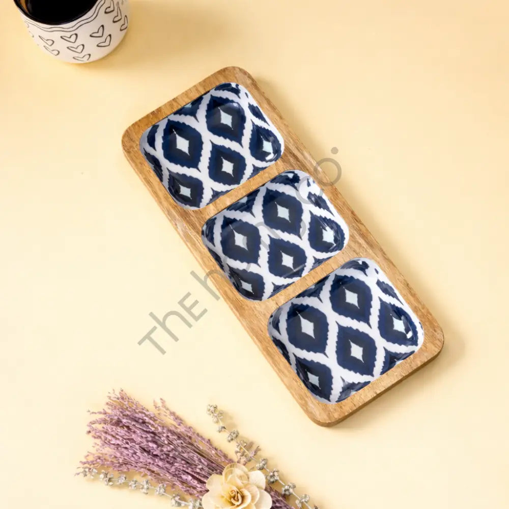 Wooden Serving Tray with 3 decorative decaled bowls for snacks and dips on a natural wood base.