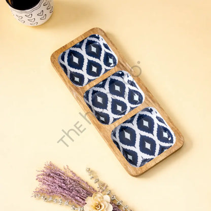 Wooden Serving Tray with 3 decorative decaled bowls for snacks and dips on a natural wood base.