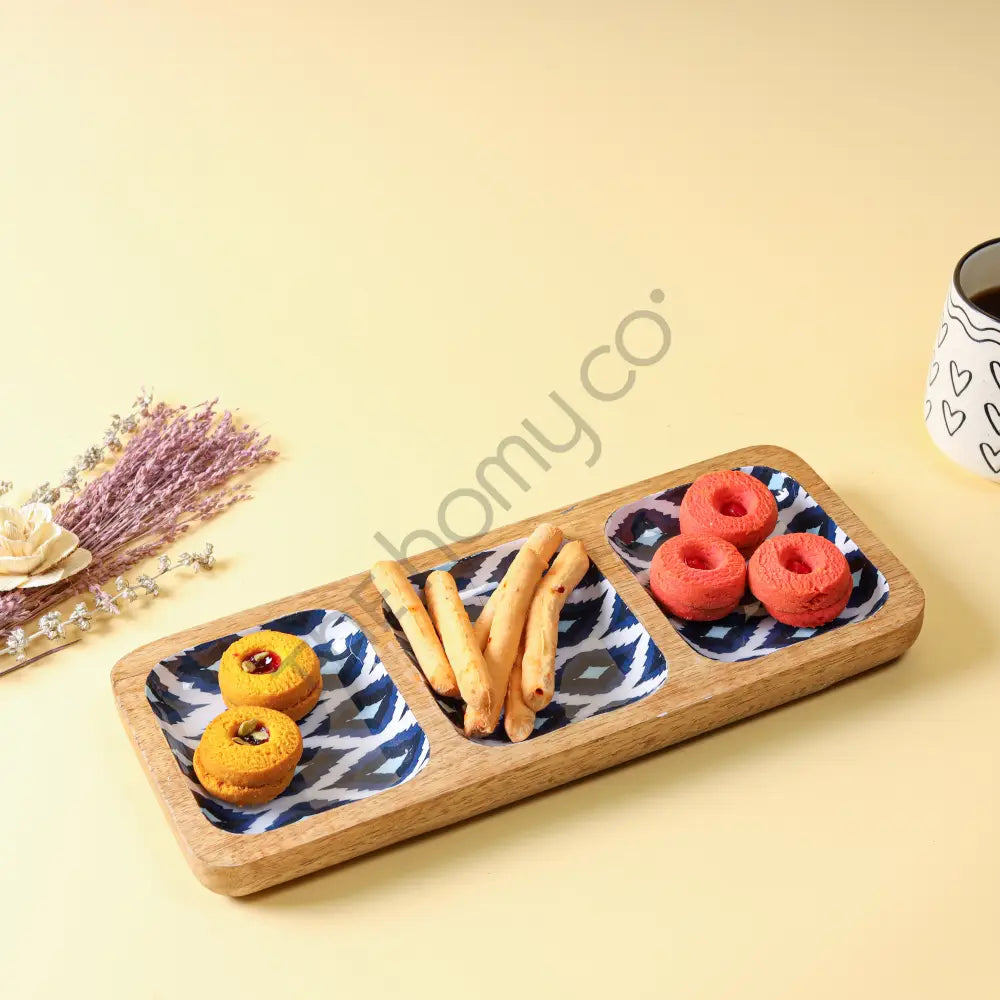 Wooden Serving Tray with 3 decorative decaled bowls for snacks and dips on a natural wood base. - 3