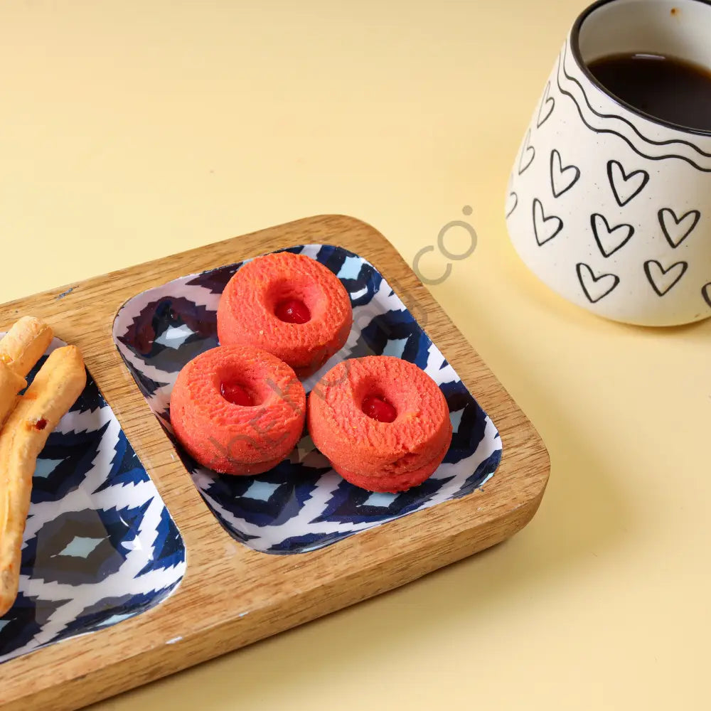Wooden Serving Tray with 3 decorative decaled bowls for snacks and dips on a natural wood base. - 4