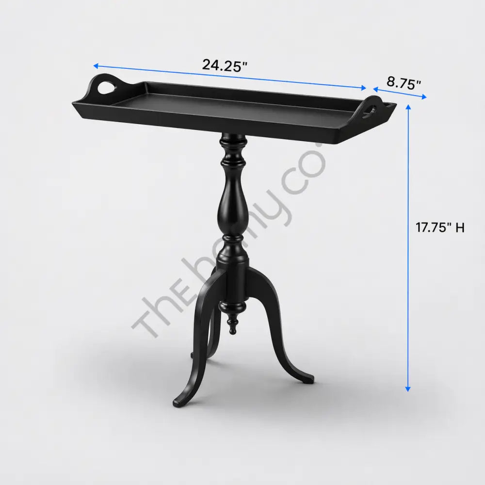 Black wooden tray top side table with built-in handles and raised edges for home decor. - 3