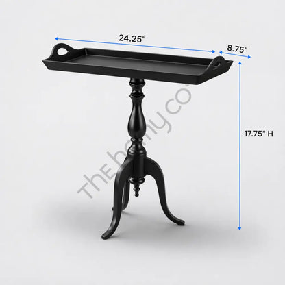 Black wooden tray top side table with built-in handles and raised edges for home decor. - 3