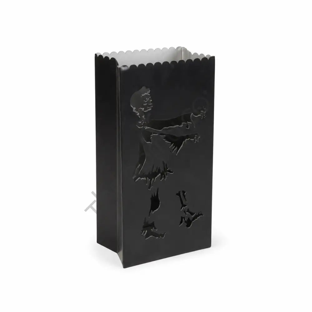 Black metal zombie silhouette Halloween lantern treat bag for spooky indoor decor.