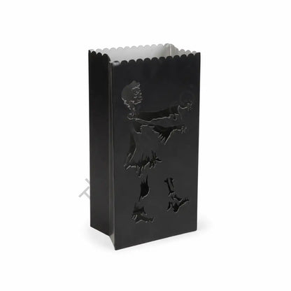 Black metal zombie silhouette Halloween lantern treat bag for spooky indoor decor.